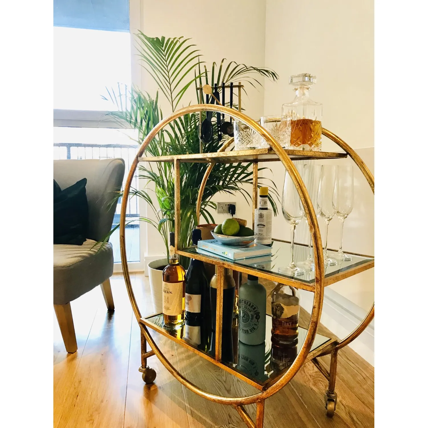 Gold Round Metal Drinks Trolley 3 Mirrored Glass Shelves