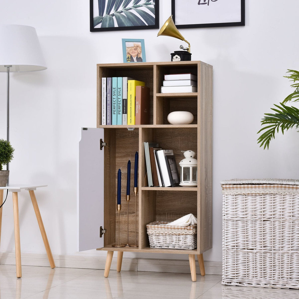 Freestanding Storage Cabinet with 5 Compartments & Wooden Legs 60L x 30W x 121H cm – White/Brown