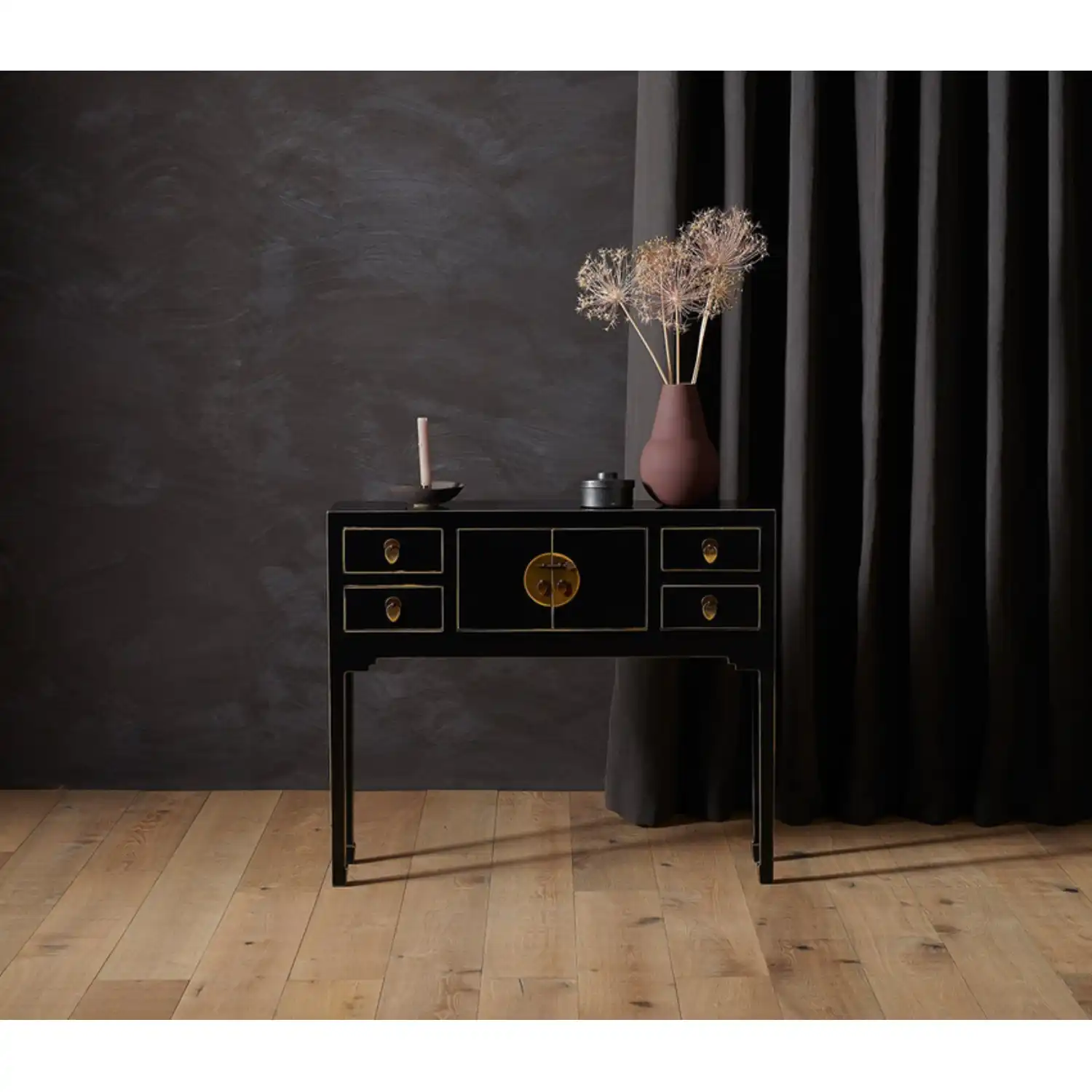 Chinese Black Painted Large 100cm Console Table 2 Doors 4 Drawers