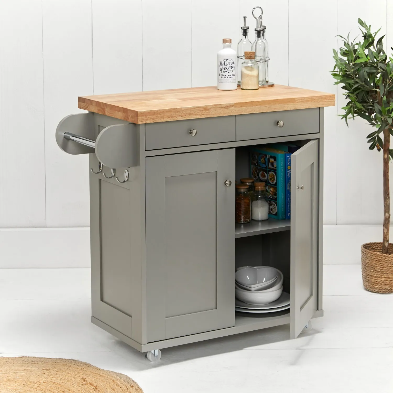 Grey Painted Wooden Top Kitchen Island Unit on Wheels