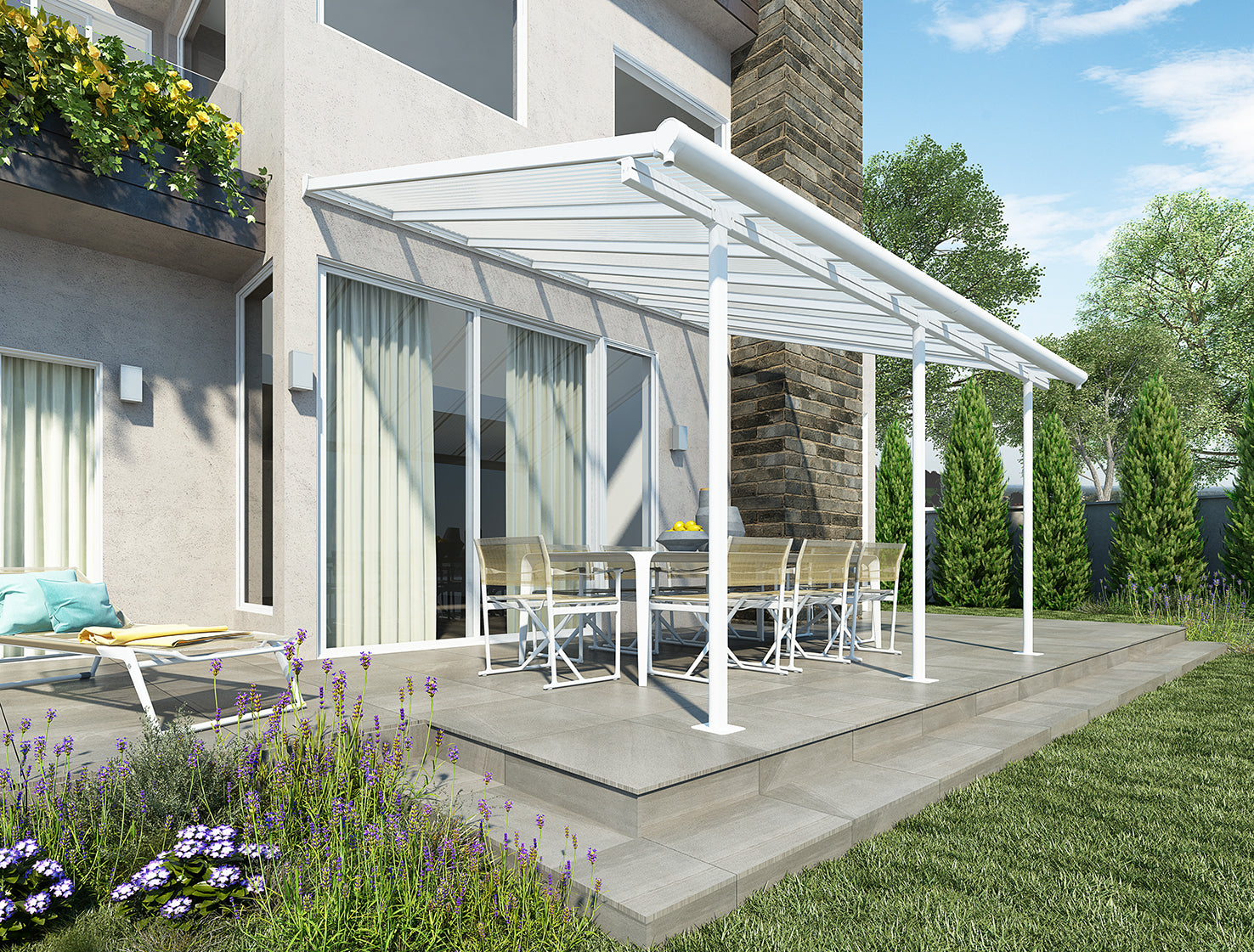 Sierra Patio Cover 3m x 4.3m – White Frame & Clear Polycarbonate