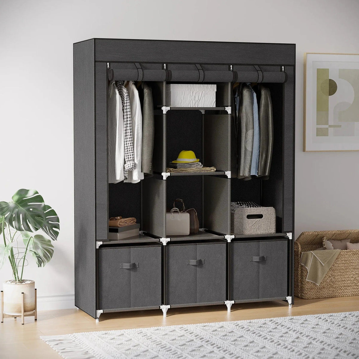 Fabric Wardrobe with 5 Shelves, 2 Hanging Rails and 3 Fabric Drawers – Dark Grey