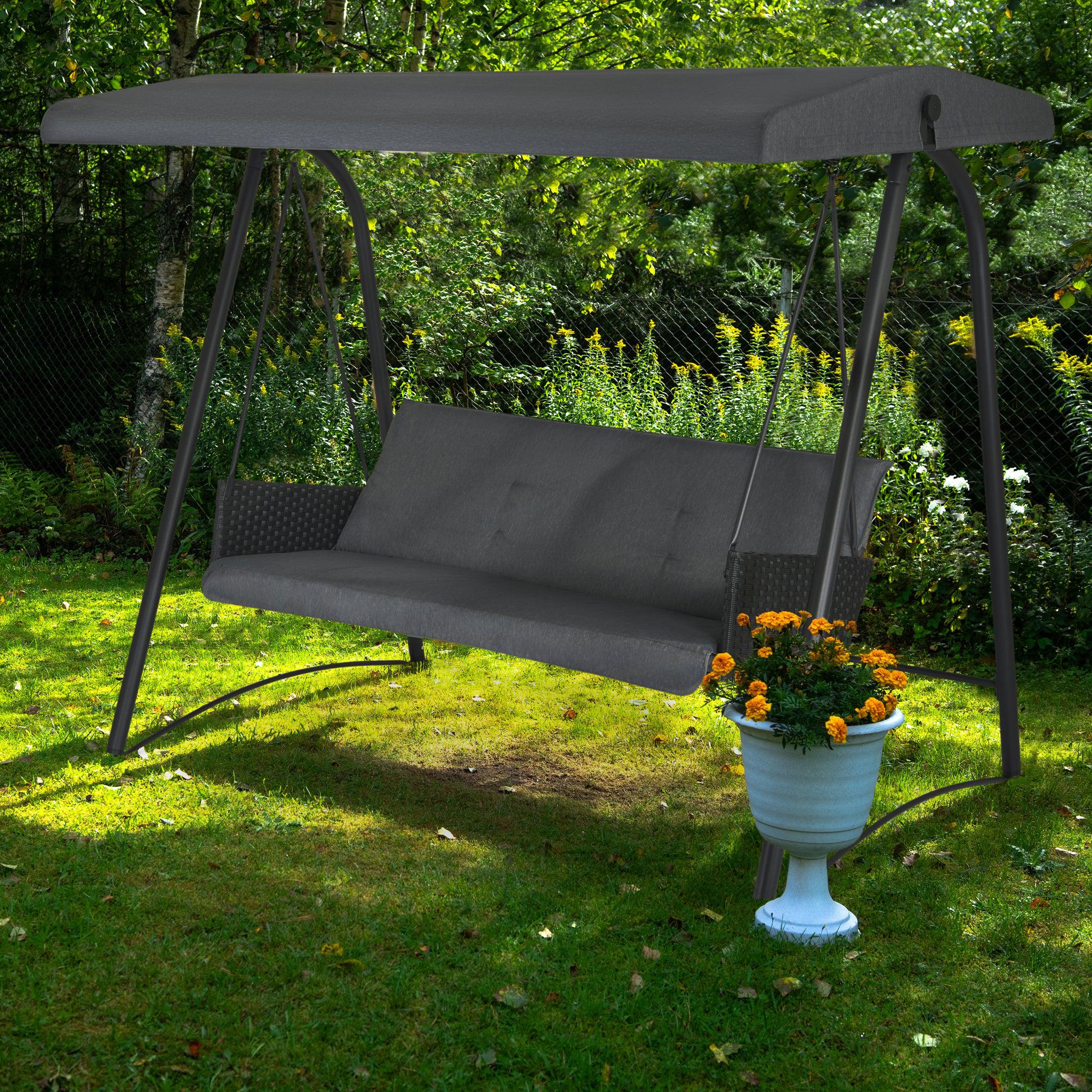 Hollywood Rattan Garden Canopy 3 Seater Swing Bench – Anthracite – 7’x6′