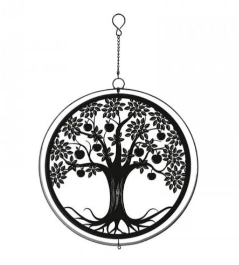 Metal Apple Tree Hanging Silhouette Orbit Spinner – Black