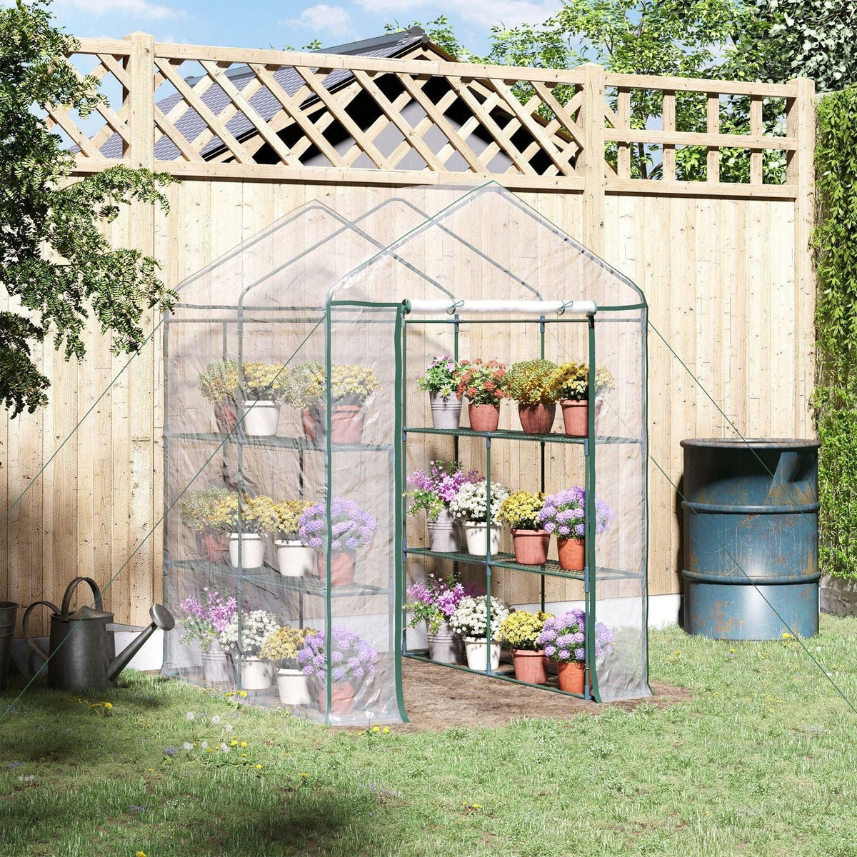 5 x 5 ft (143 L x 143W x 195H cm) Walk-In Greenhouse with 3 Tiers & 8 Shelves, Metal Frame, PVC Film – Transparent – Outsunny