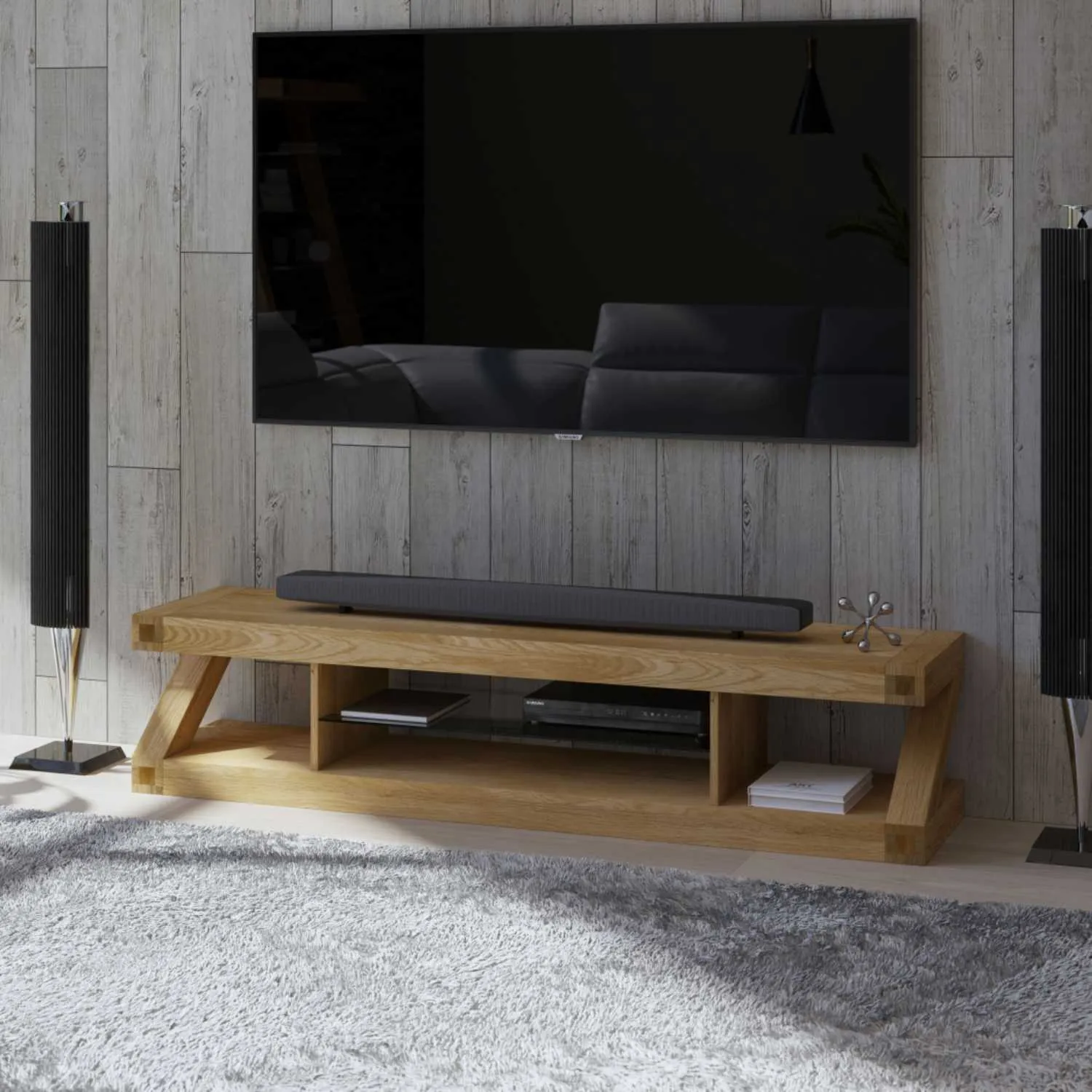 Z Shape Oak Large Low Widescreen Plasma TV Media Unit Open With Glass Shelf 180cm Wide