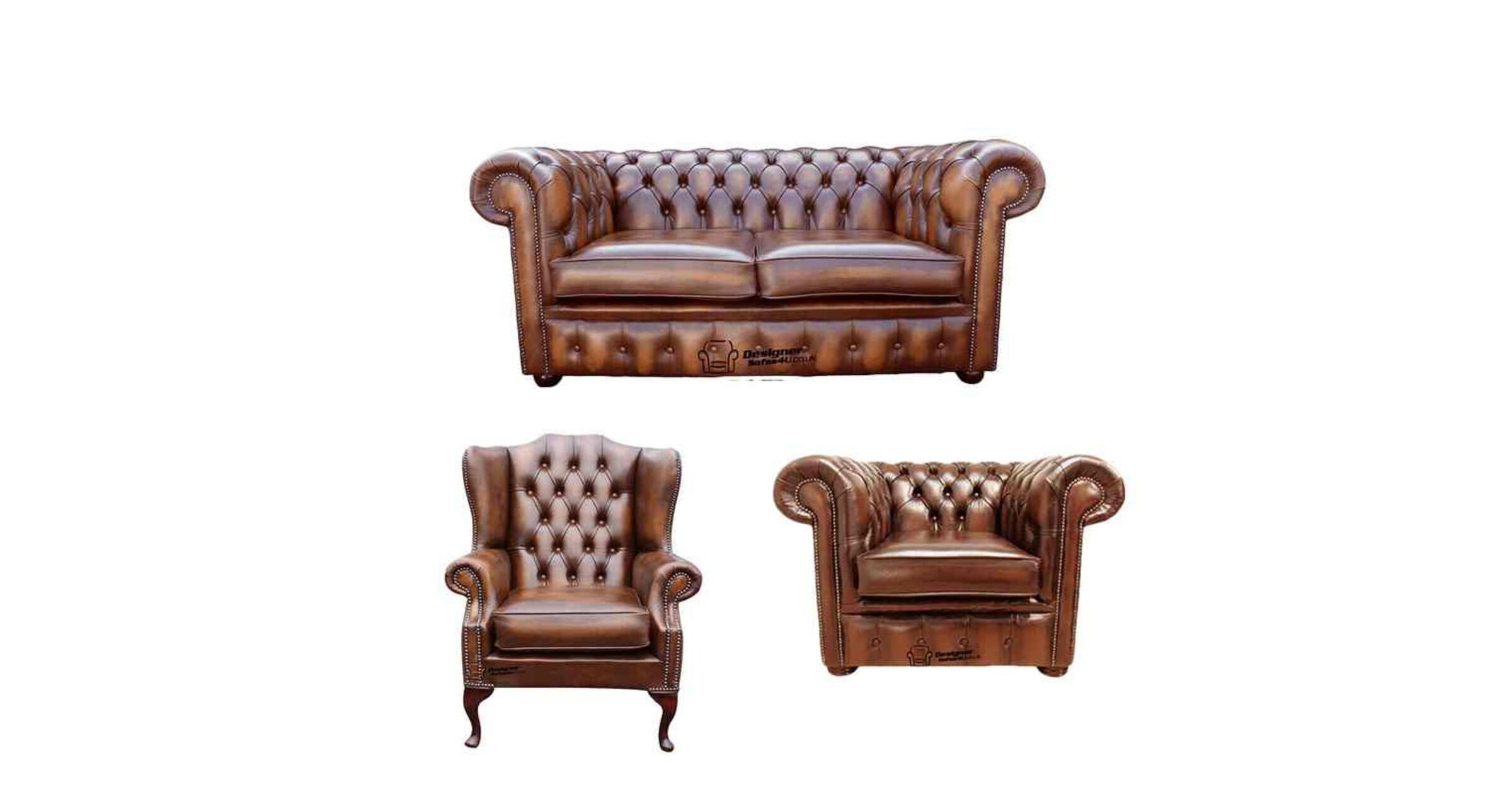 Chesterfield 2 Seater Sofa + Club Chair + Mallory Wing Chair Leather Sofa Suite Offer Antique Tan