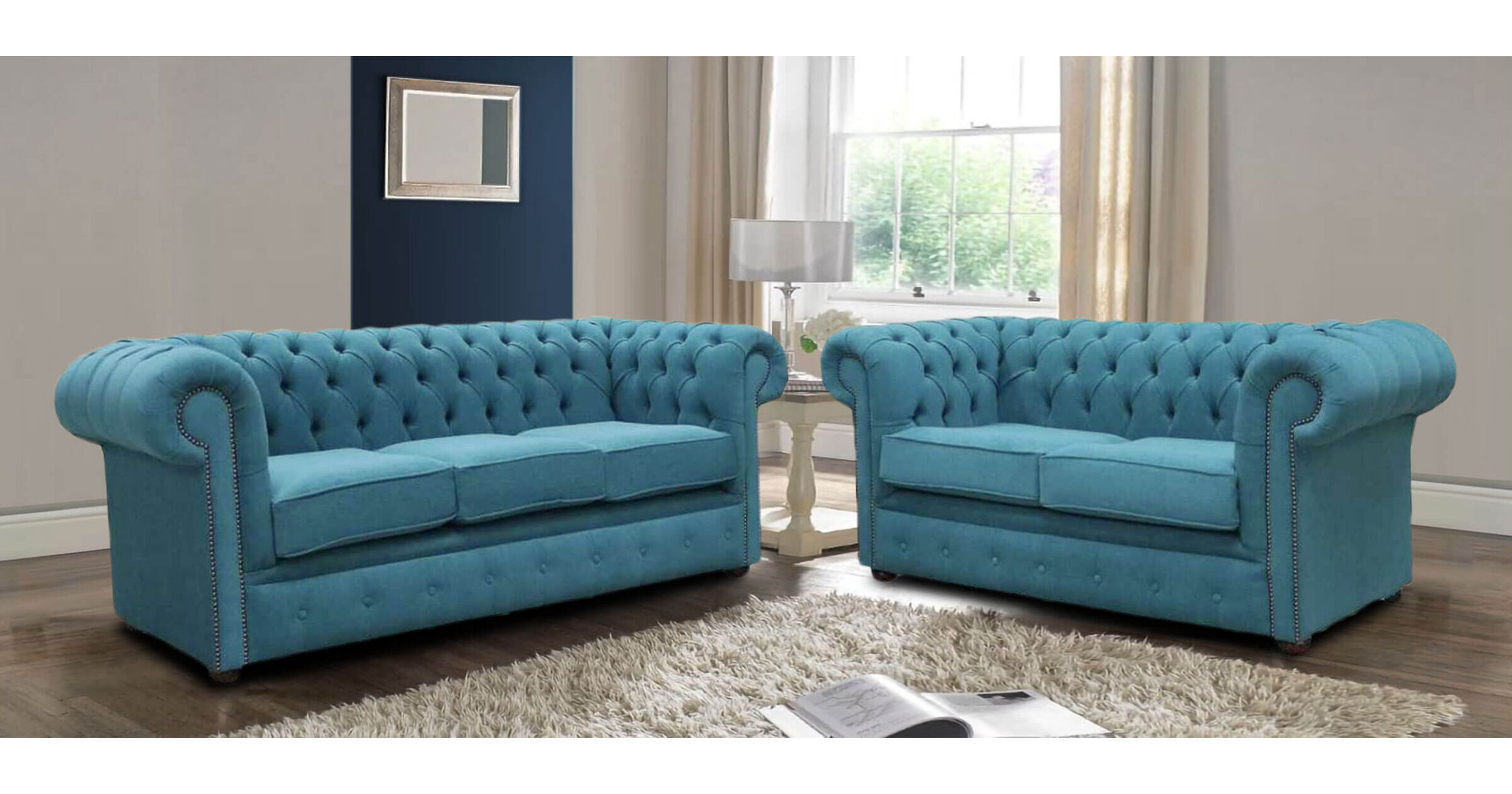 Chesterfield 3+2 Cantare Teal Blue Easy Clean Fabric Sofa Suite