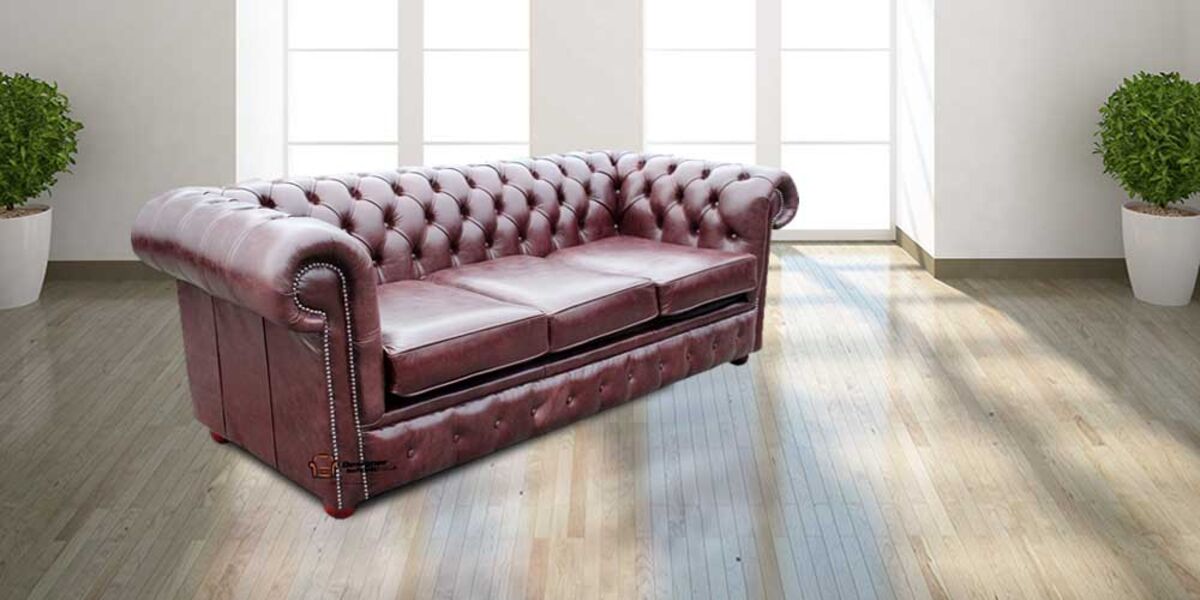 Chesterfield 3 Seater Settee Old English Red Brown Leather SofaBed