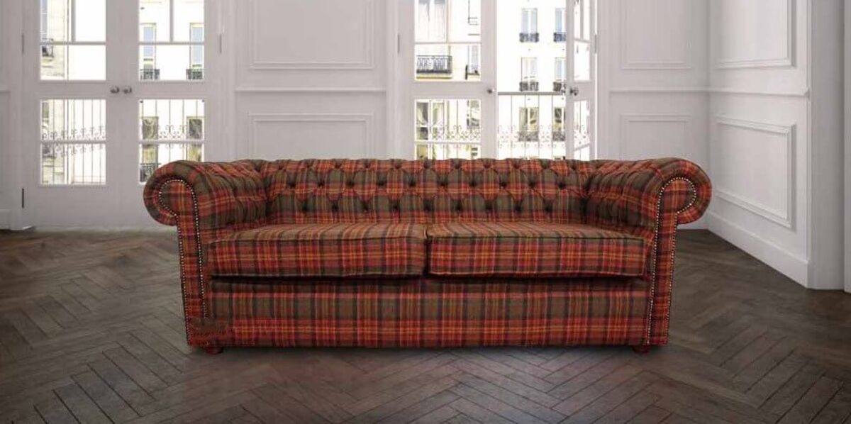 Chesterfield Arnold Wool 3 Seater Sofa Settee Tweed Sandringham Mandarin Check Fabric