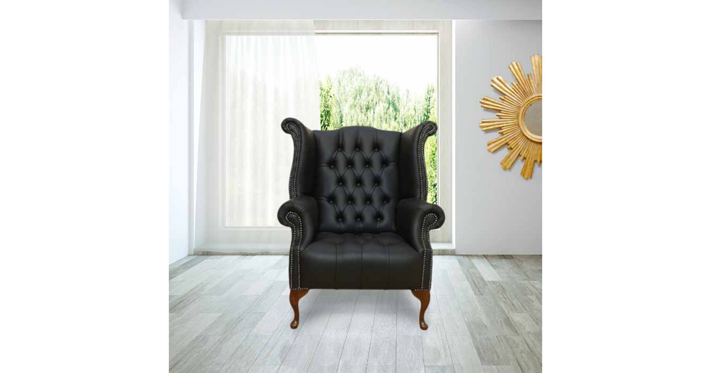 Chesterfield Buttoned Queen Anne High Back Wing Chair Shelly Black Leather