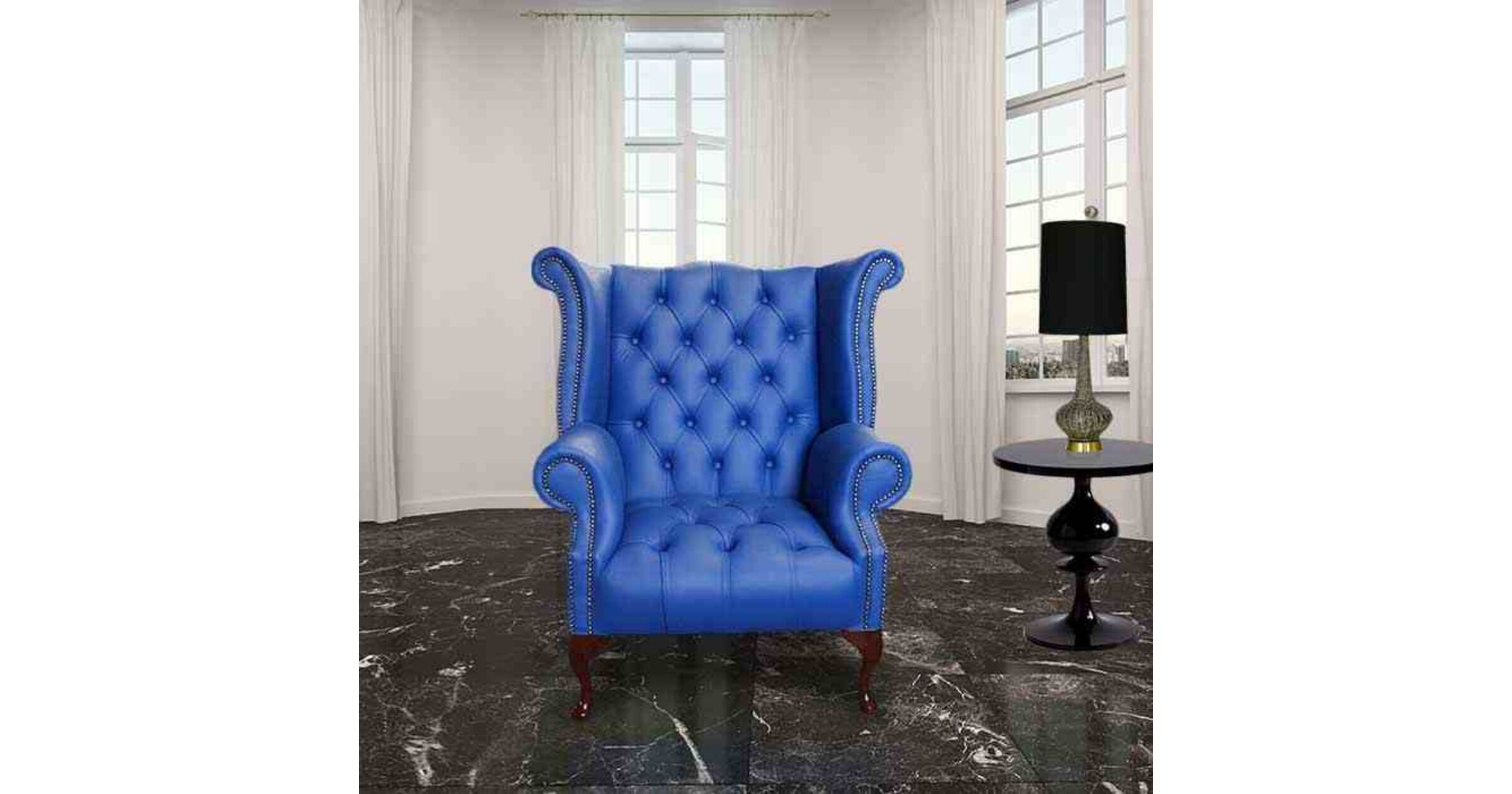 Chesterfield Buttoned Queen Anne High Back Wing Chair UK Manufactured Marine Blue