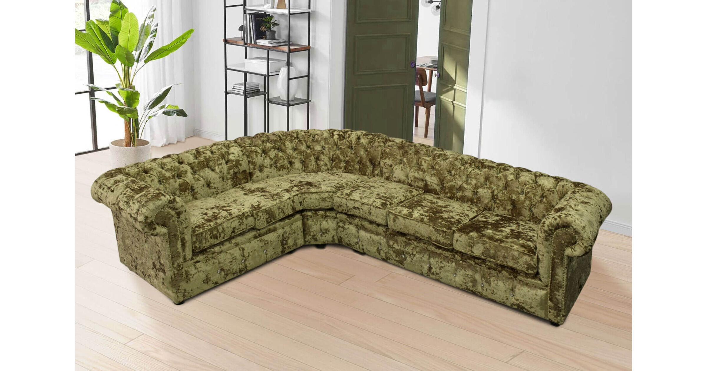 Chesterfield Crystal Velvet 3 Seater + Corner + 2 Seater Sofa Lustro Gilded