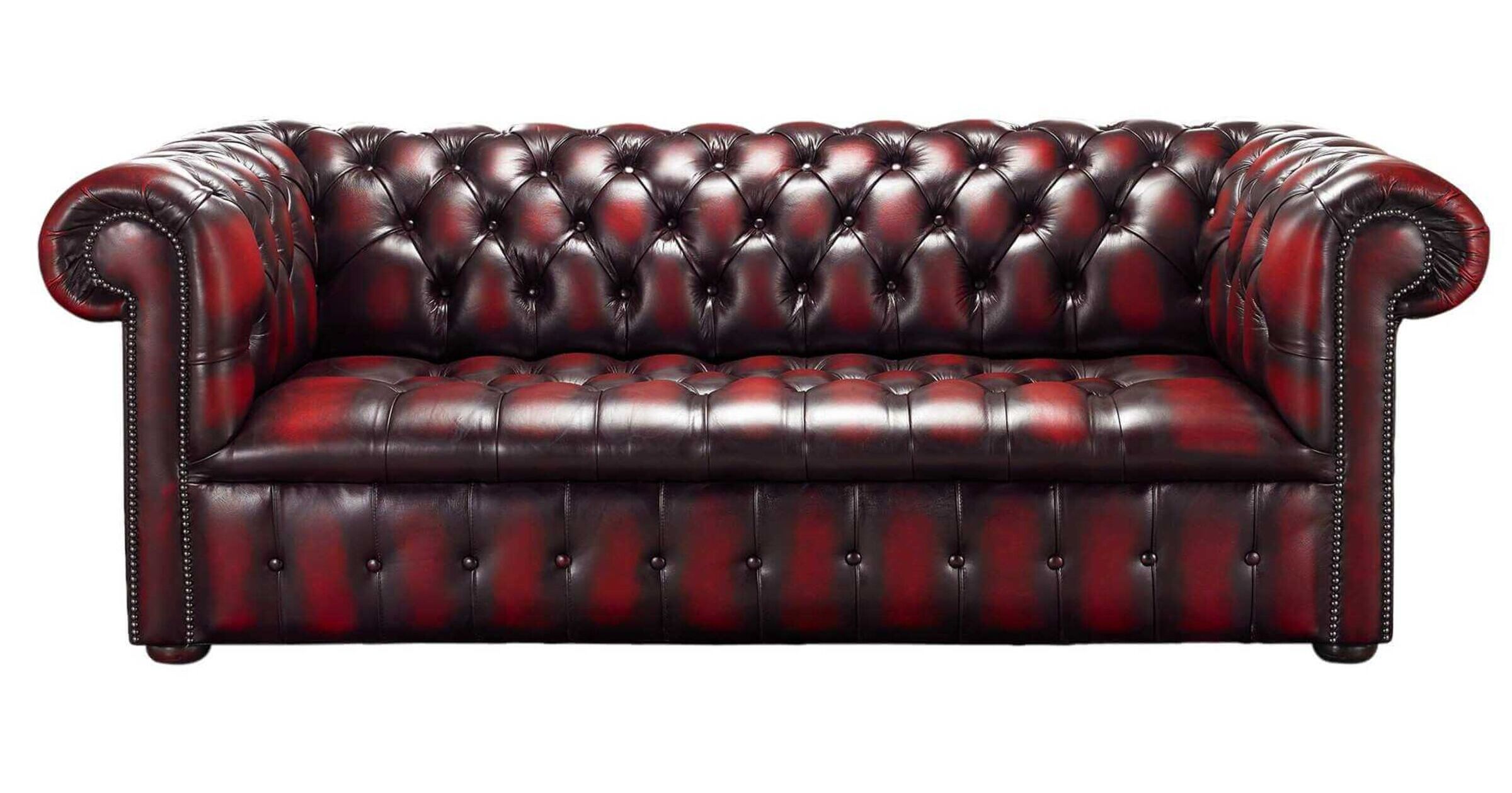 Chesterfield Edwardian 3 Seater Buttoned Seat Sofa Antique Oxblood Leather