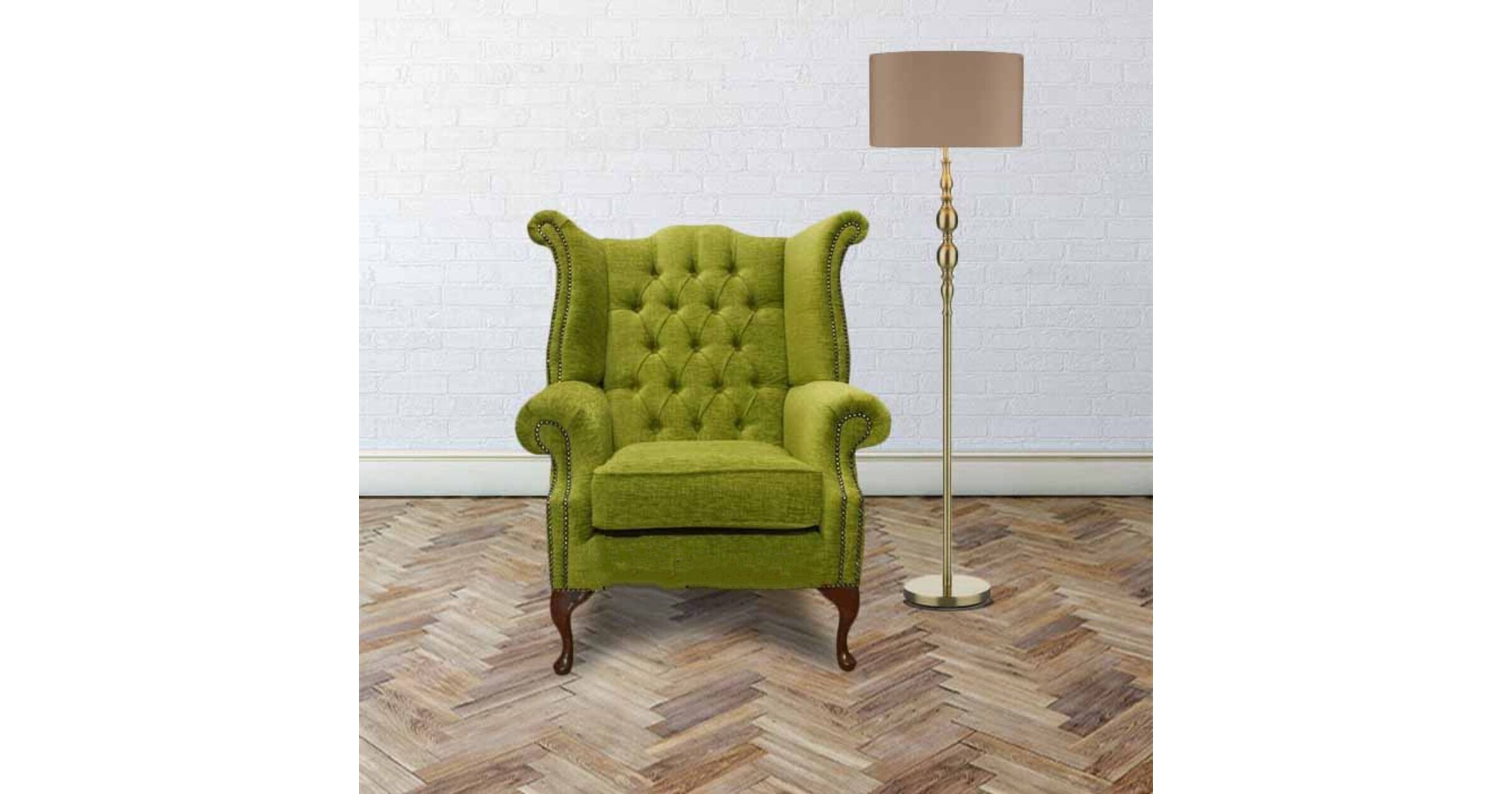 Chesterfield Fabric Queen Anne High Back Wing Chair Citrus Green