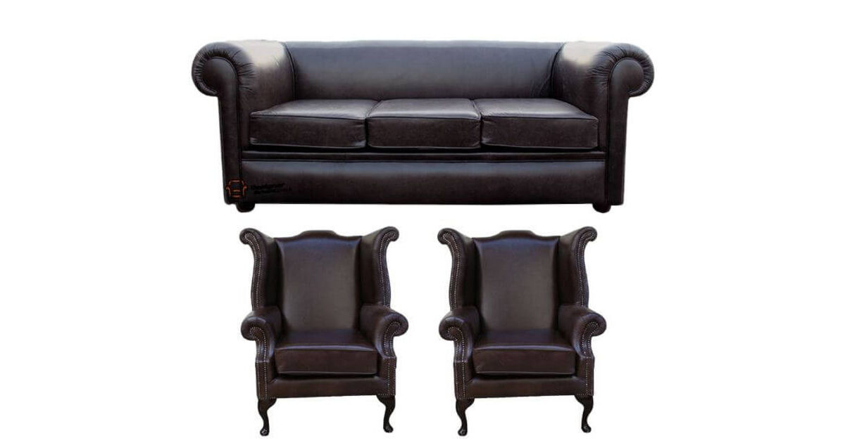 Chesterfield Hampton 3 Seater Settee + 2 x  Wing Chairs Old English Smoke Leather Sofa Suite Offer