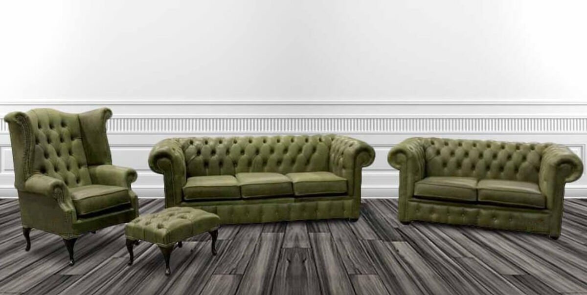 Chesterfield Leather Suite 3 Seater Settee + 2 Seater + Queen anne Armchair and Footstool Selvaggio Sage Green Offer