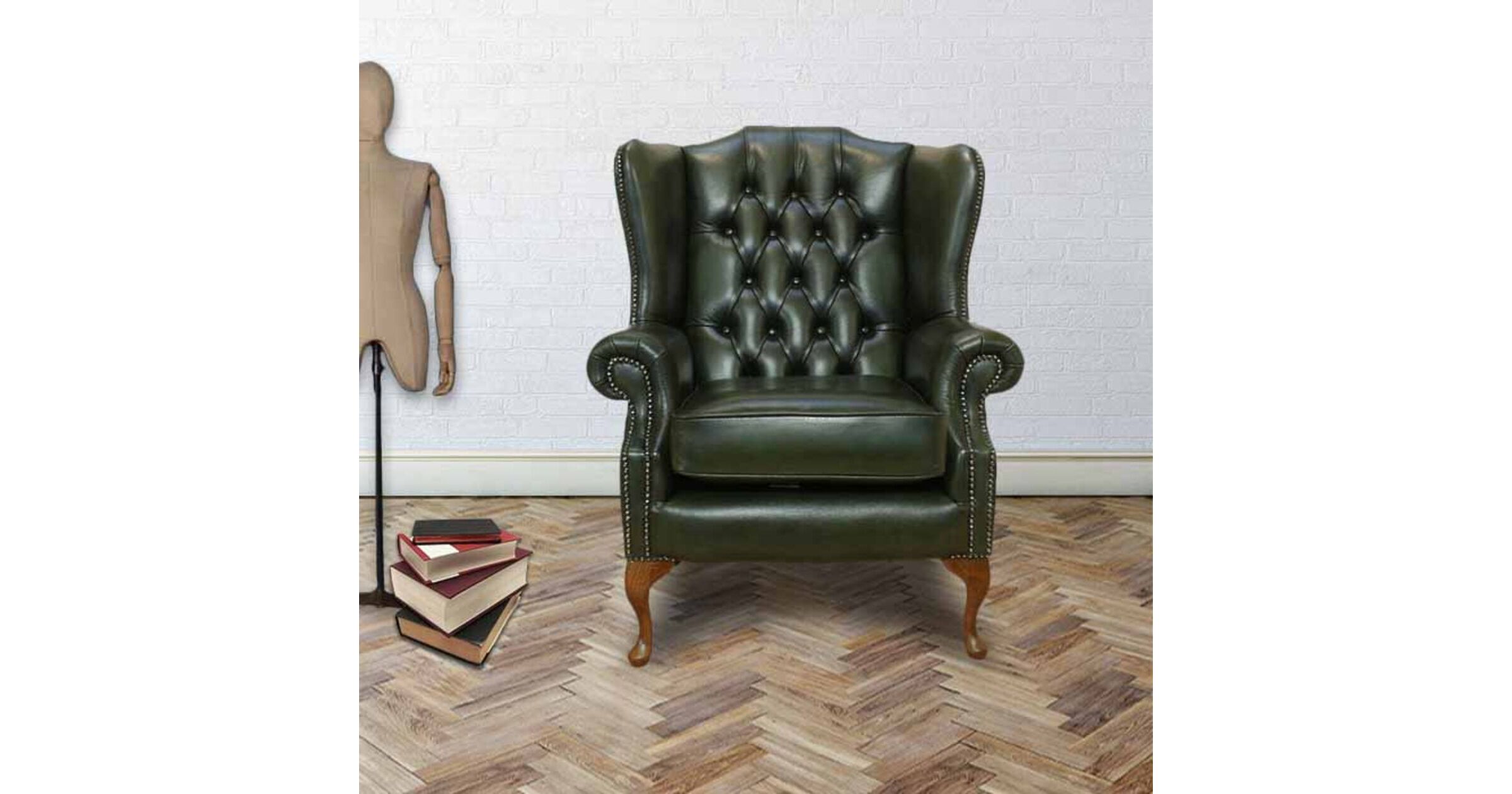 Chesterfield Mallory Flat Wing High Back Wing Chair Antique Green Real Leather