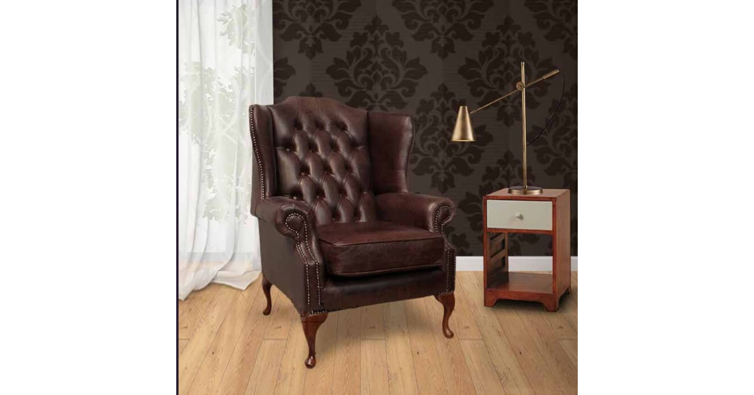 Chesterfield Mallory High Back Wing Chair UK Manufactured Hand Dyed Old English Dark Brown Leather