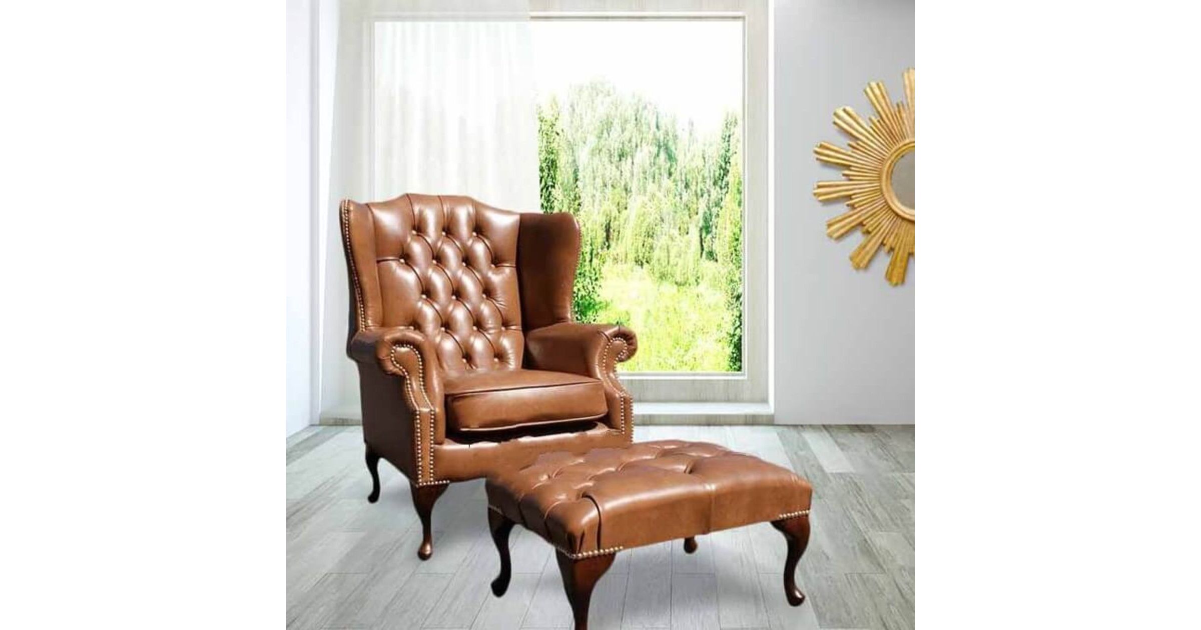 Chesterfield Mallory High Back Wing Chair UK Manufactured Old English Tan Leather With Matching Footstool Brass Studs