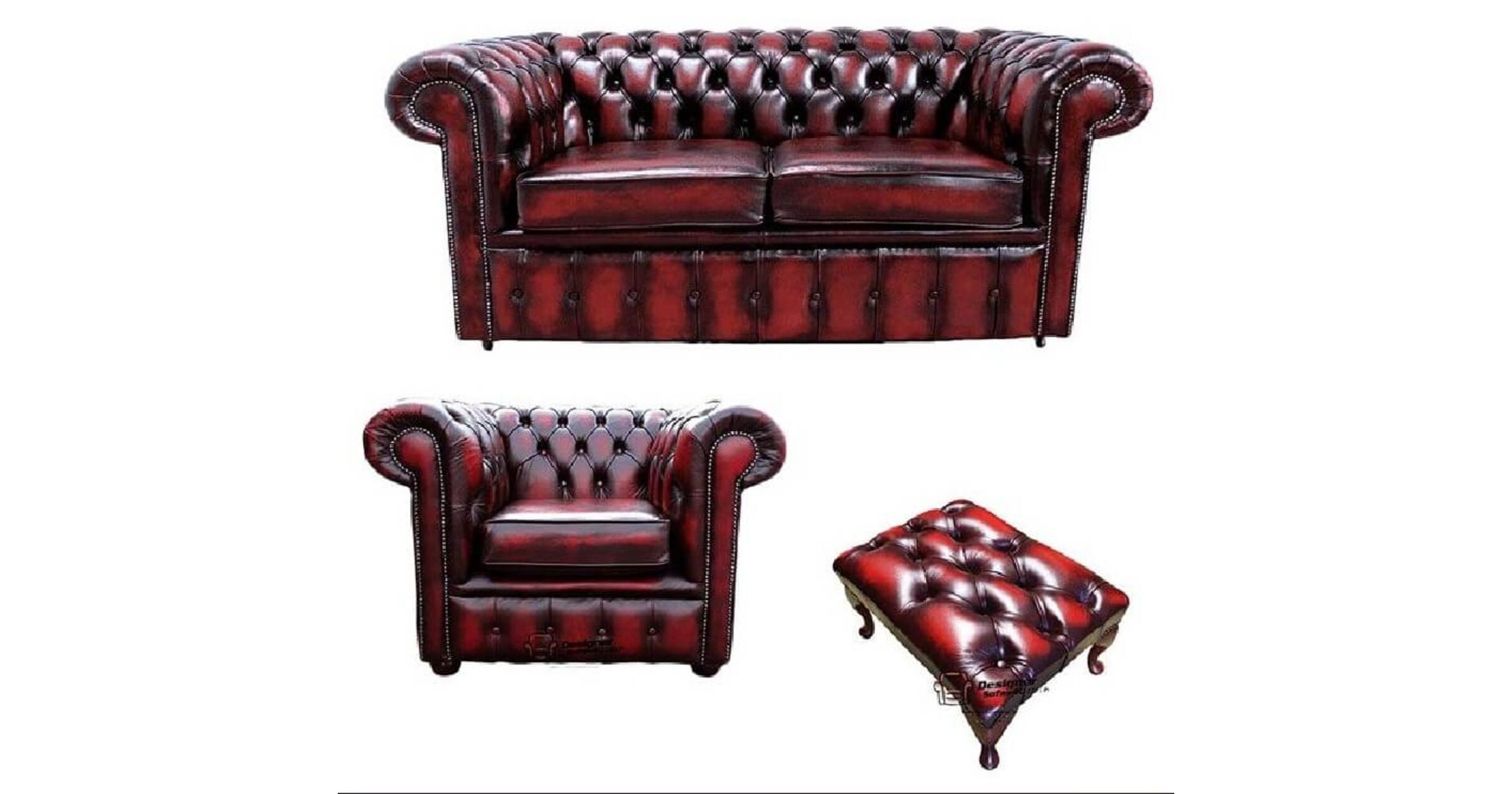 Chesterfield 2 Seater Sofa + Club Chair + Footstool Leather Sofa Suite Offer Antique Oxblood