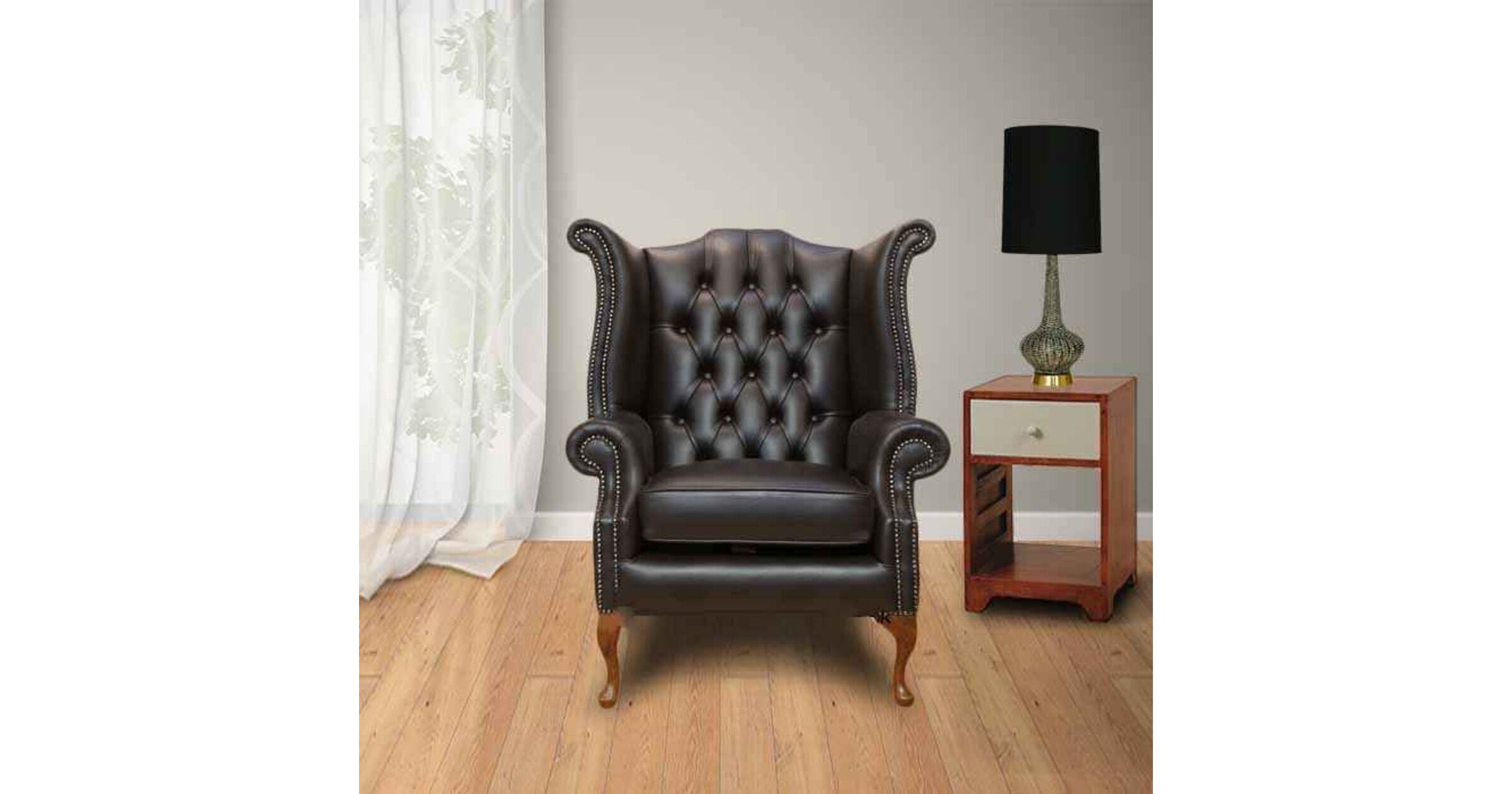 Chesterfield Queen Anne High Back Wing Chair Dark Brown Bournville