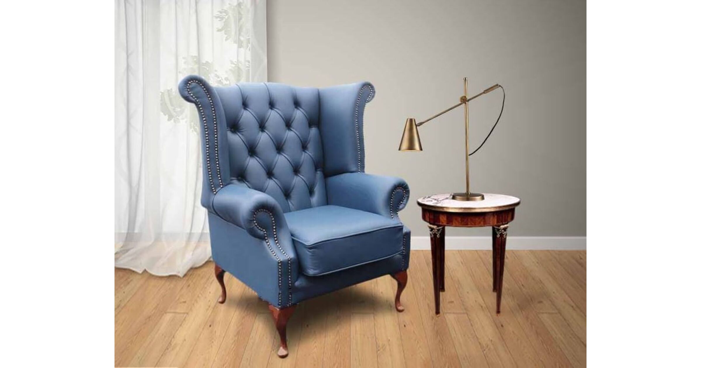 Chesterfield Queen Anne High Back Wing Chair UK Manufactured Majolica Blue Leather