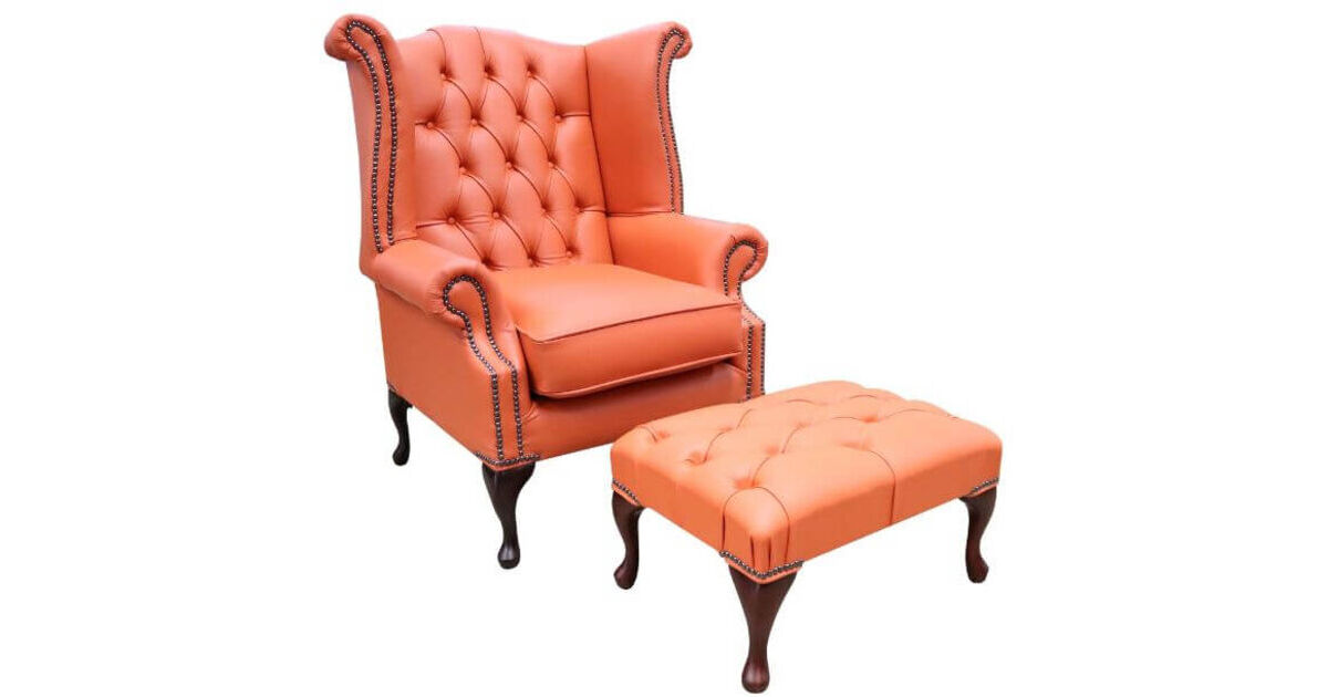 Chesterfield Offer Queen Anne High Back Wing Chair Flamenco Orange Leather Footstool