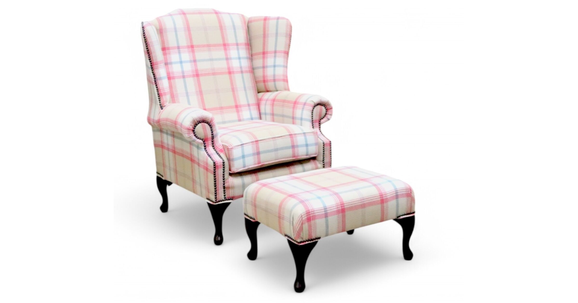 Chesterfield Saxon Mallory High Back Wing Chair Balmoral Sorbet Check P&S Fabric + Footstool