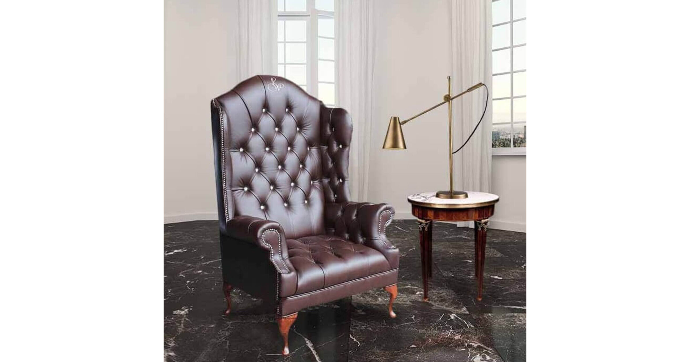 Chesterfield Scarface Chair Embroidered CRYSTALLIZED™ Elements Queen Anne High Back Wing Chair Antique Brown Leather