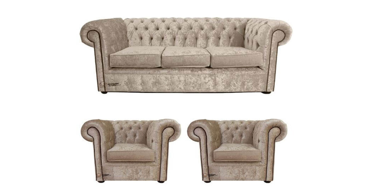 Chesterfield 3 Seater Settee + 2 x Club Chairs Senso Oyster Grey Velvet Sofa Offer