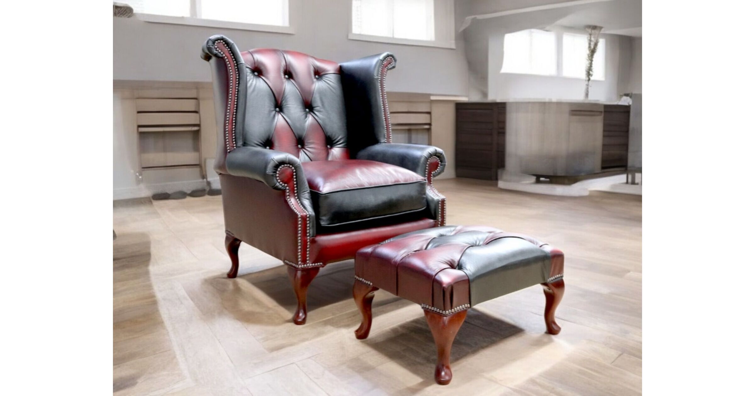 Duke Patchwork Devil Chesterfield Queen Anne High Back Wing Chair Antique Leather + Footstool