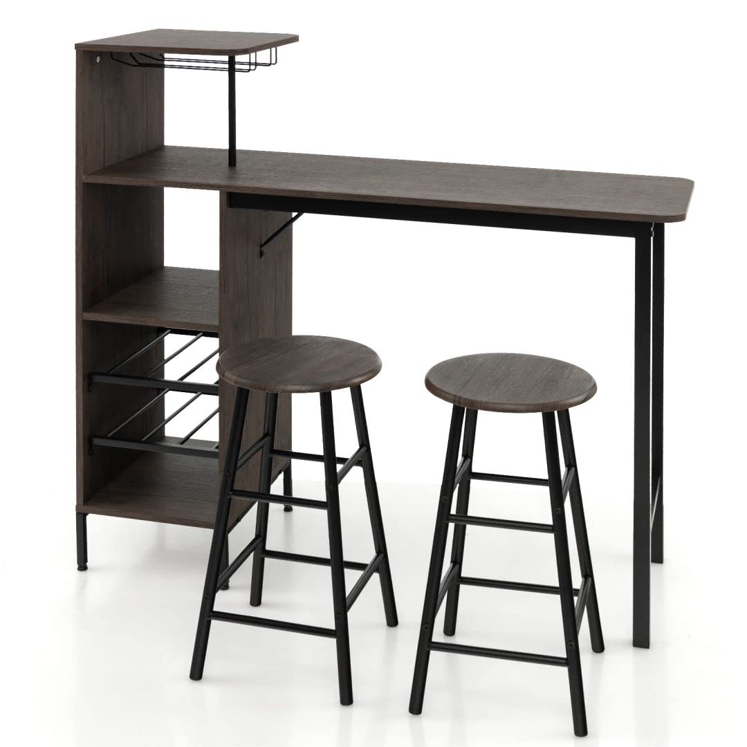 Giantexuk 3pcs bar table set, industrial counter height dining table and 2 stools with open shelves