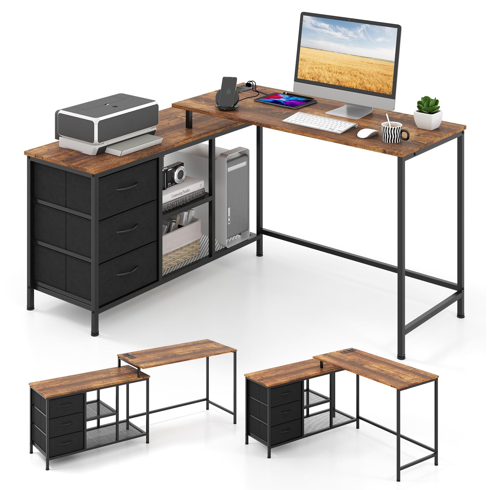 L-shaped computer desk, convertible study writing workstation with drawer, shelves & charging station