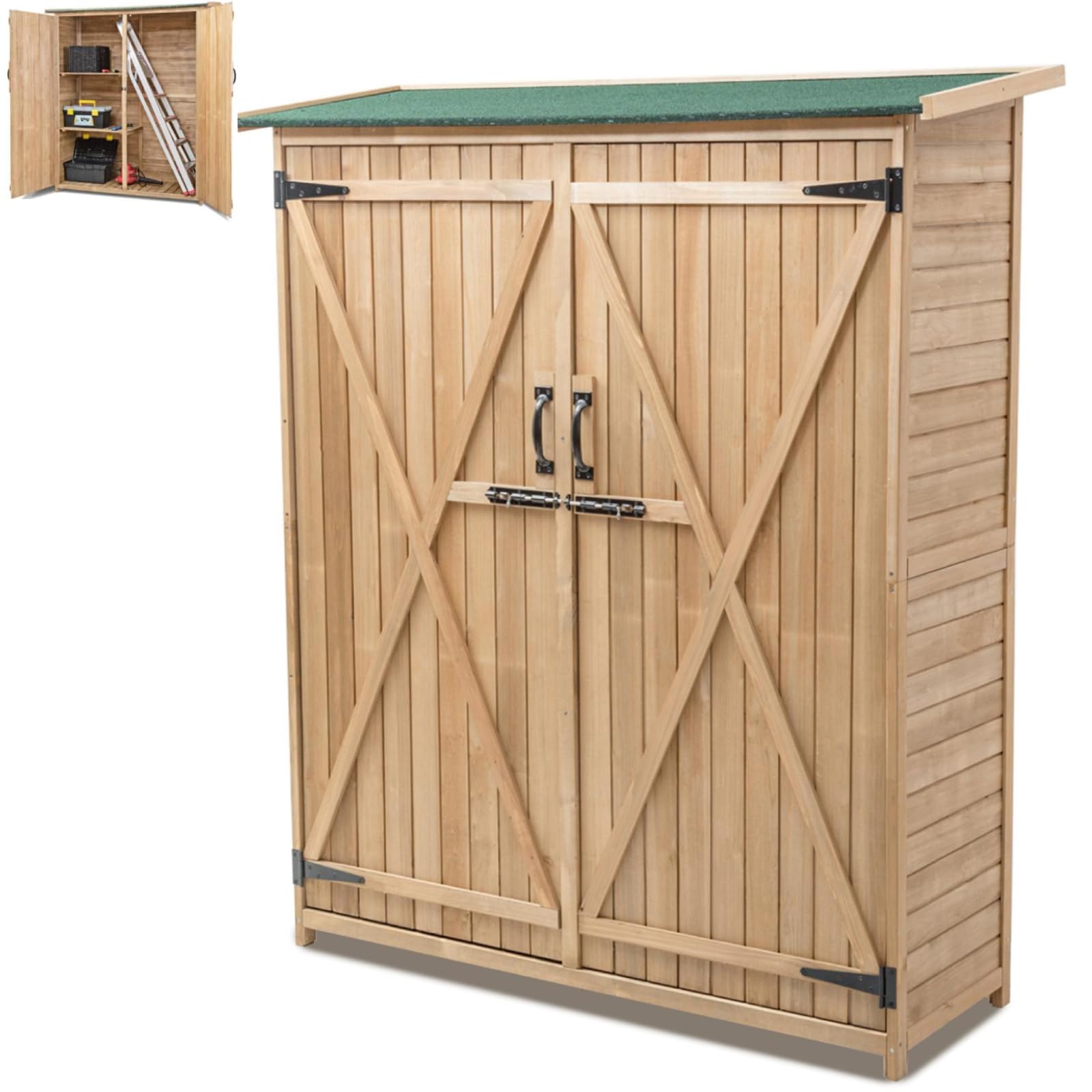 Giantexuk wooden garden shed, tool storage cabinet with 3 shelves, asphalt sloped roof