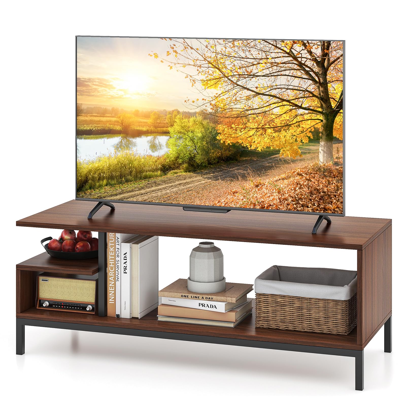 Tv stand for tvs up to 48 inches, industrial tv cabinet media entertainment center with open storage shelves