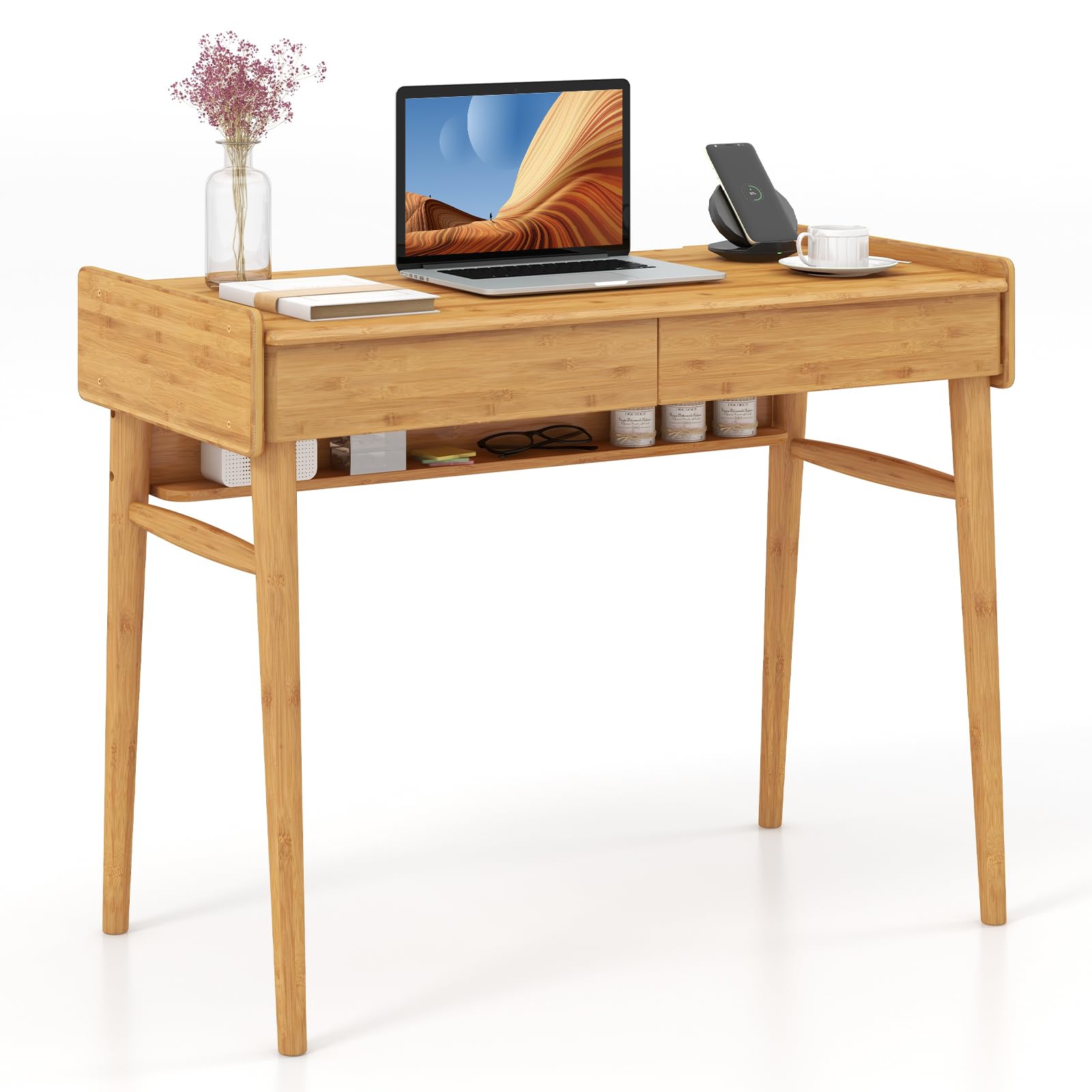 Bamboo computer desk, 100cm study table writing workstation with 2 storage drawers