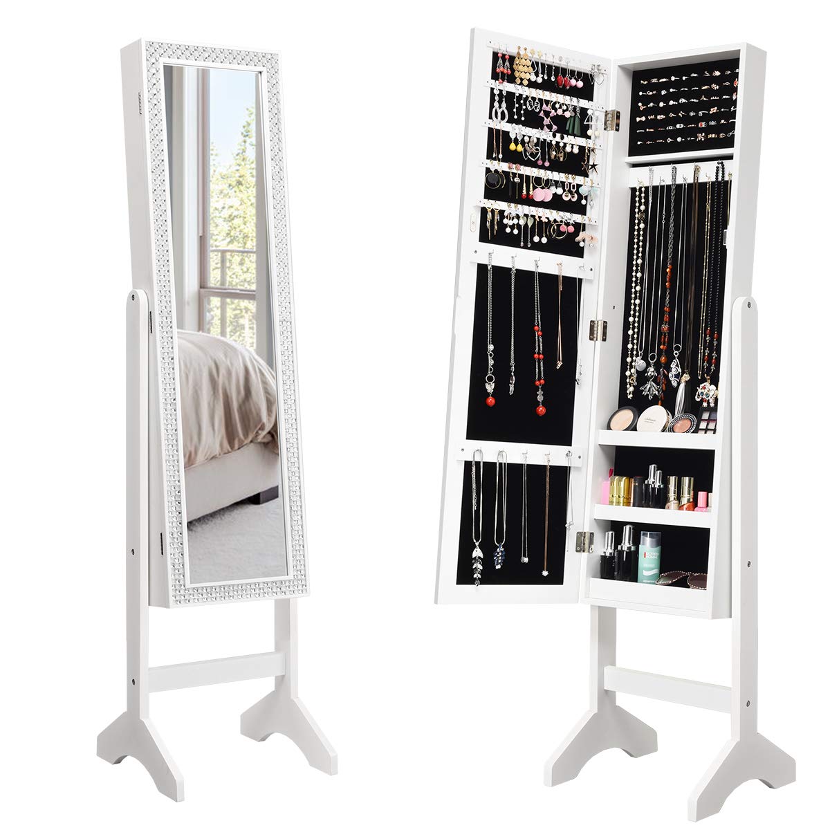 Freestanding jewellery cabinet, 2-in-1 mirrored jewelry armoire with full-length mirror