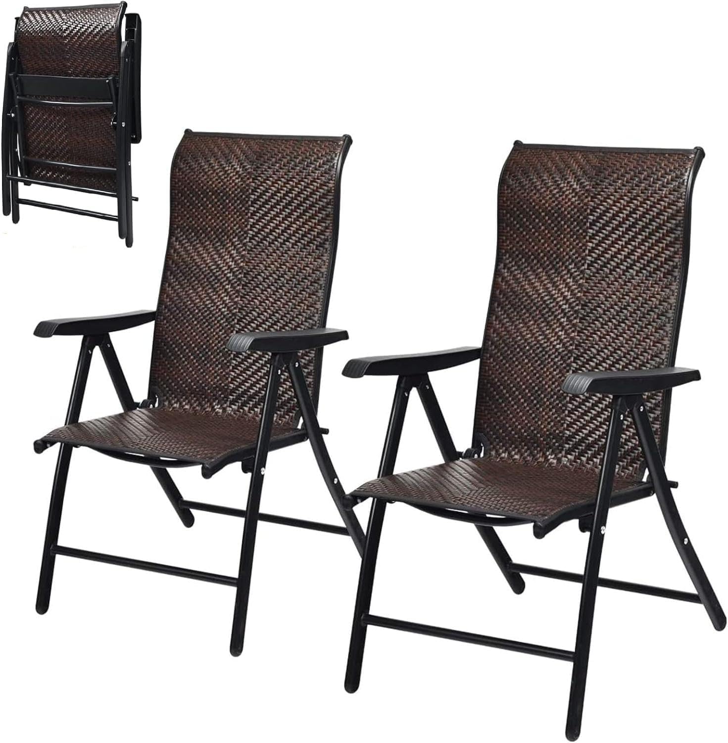 Giantexuk set of 2 reclining folding chairs, patio pe wicker folding chair with 5-position adjustable high backrest