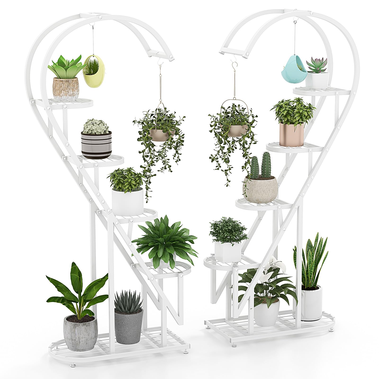 5-tier tall plant stand, 2-pack heart-shaped ladder plant shelf with hanging hooks and adjustable foot pads