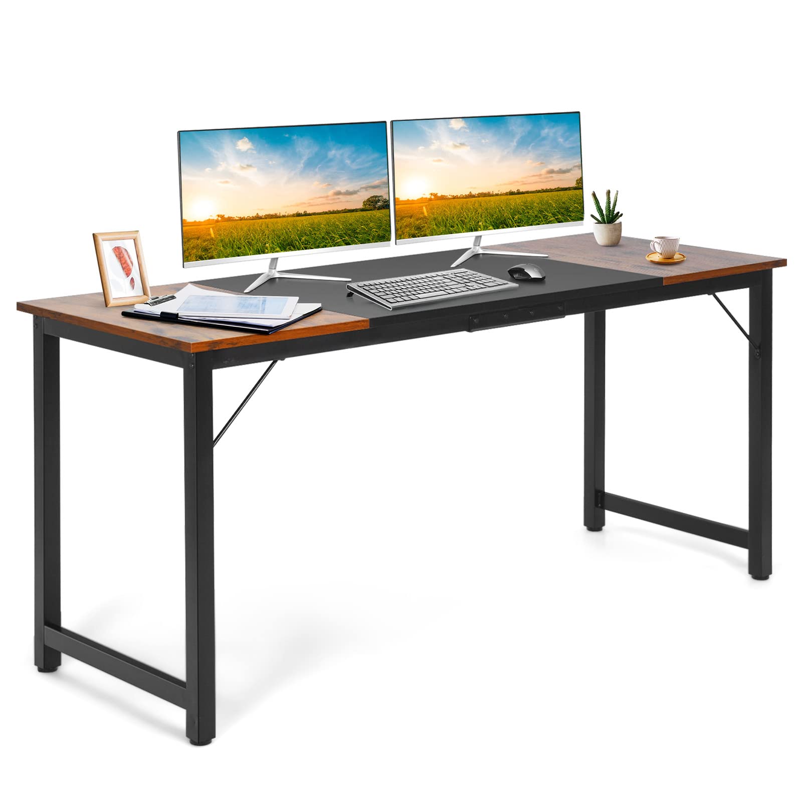 Computer desk, industrial writing workstation pc laptop table (160 x 60 x 75cm, vintage+black+vintage)