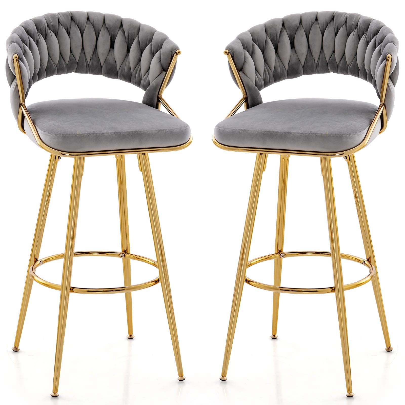 72cm velvet bar stool set of 2 with woven backrest and gold metal legs