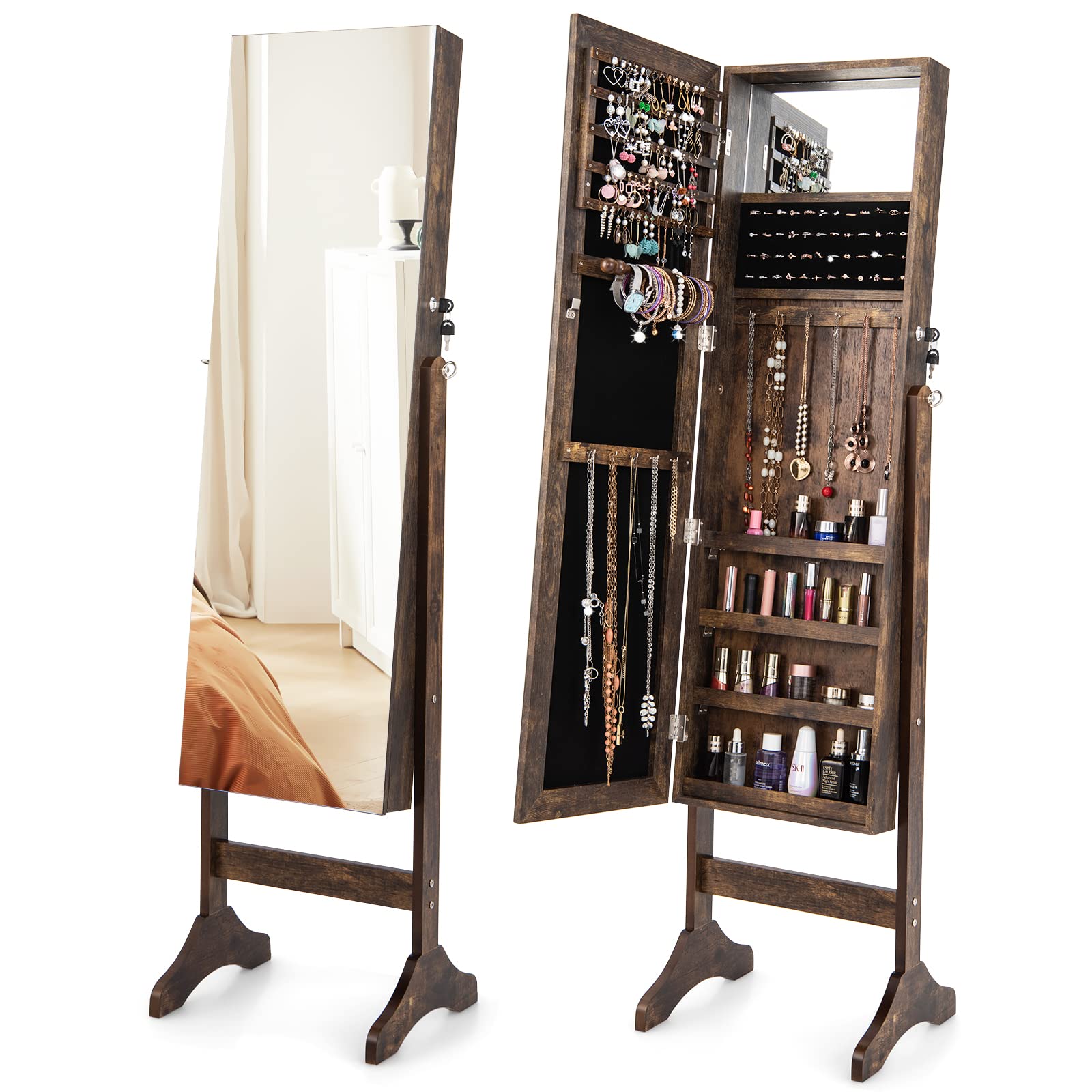 Jewelry cabinet, floor standing lockable jewelry armoire with full length mirror