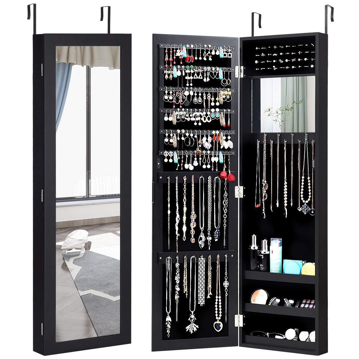 2-in-1 jewelry cabinet, wall-mounted jewellery organizer with full length mirror & built-in mirror