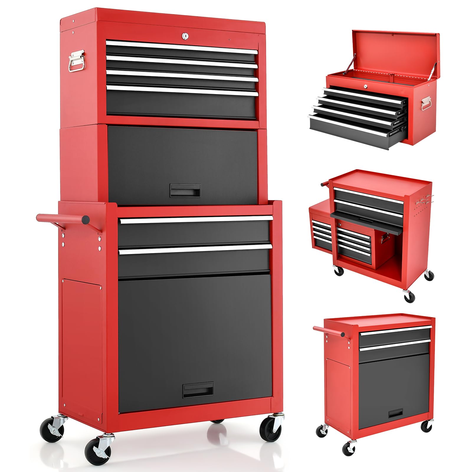 Giantexuk tool cabinet, 2 in 1 lockable metal tool chest with removable top cabinet, wheels, 6 drawers (with middle toolbox)