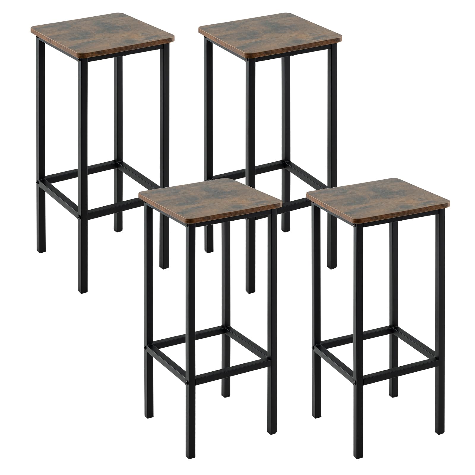 Bar stools set of 4, industrial bar chairs with footrest and non-slip pads (rustic brown+black)