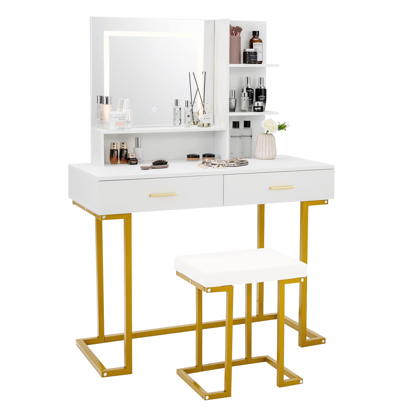 Dressing table and stool set with 3-color led lights mirror, 2 drawers and storage shelves