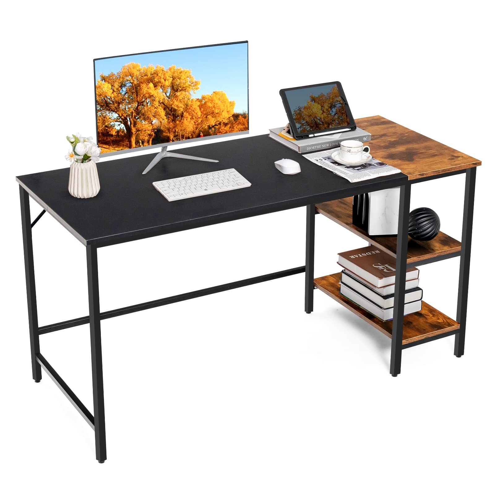 Computer desk, 140x60x74cm industrial study table writing workstation with storage shelf