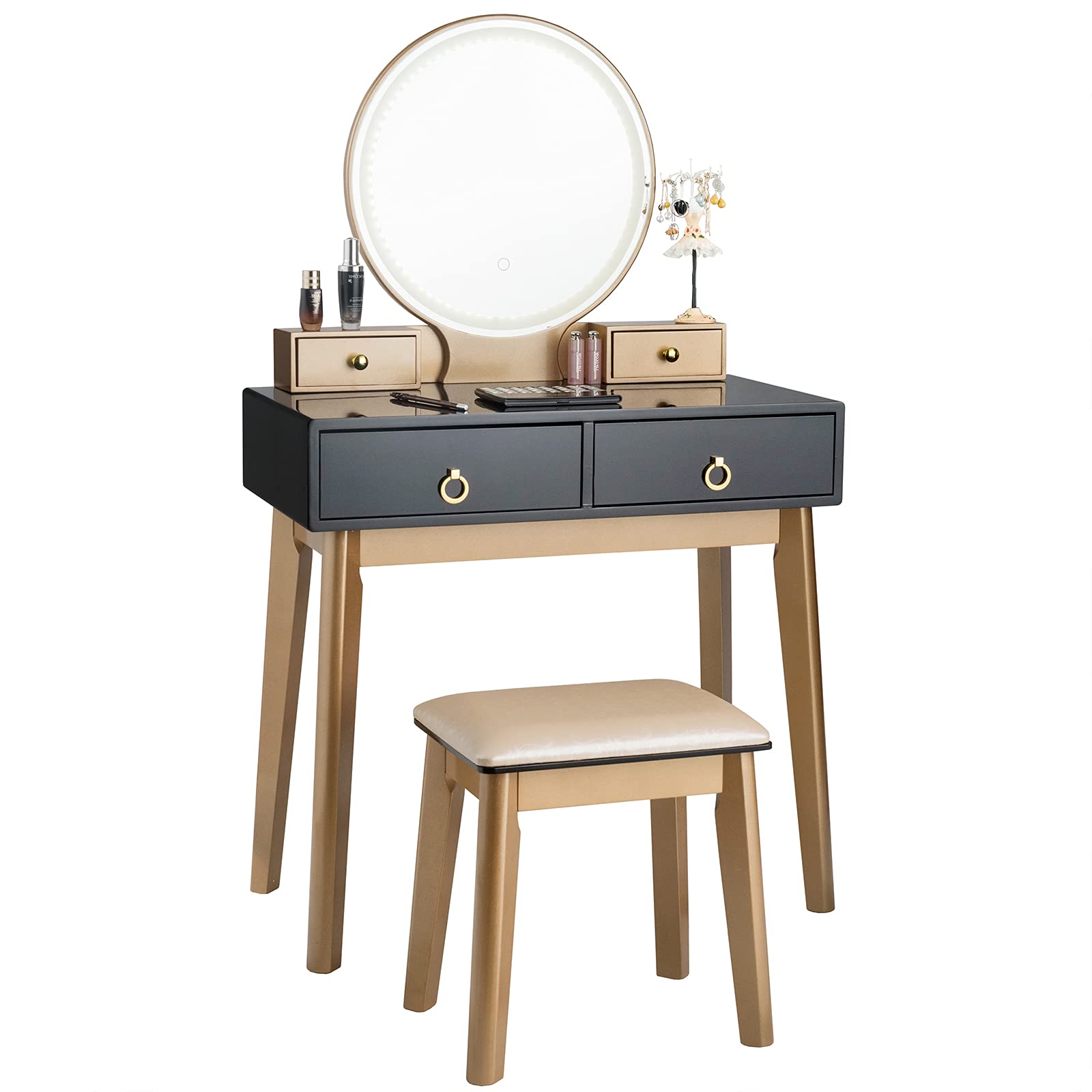 Dressing table set with led lights and mirror, detachable makeup dresser table stool (black)