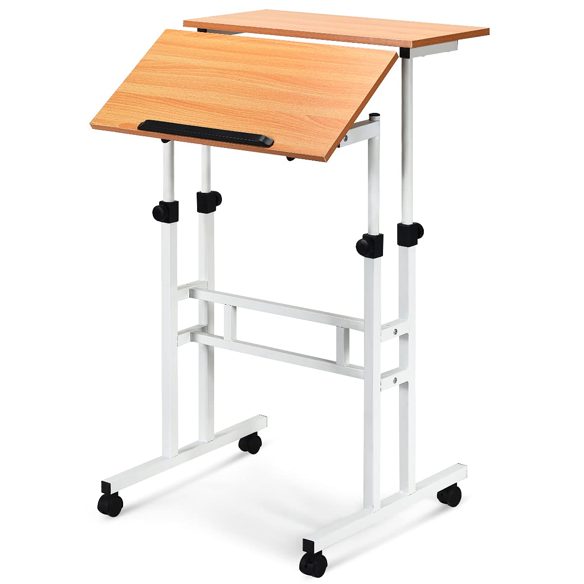 Height adjustable standing desk, mobile laptop table computer desk with tilting tabletop and wheels